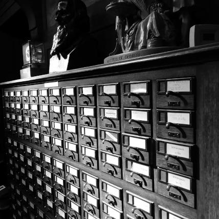 Black and white photograph of the card catalog