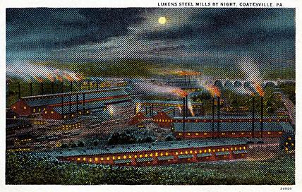 Postcard of Lukens Steel mills by night, Coatesville, Pennsylvania