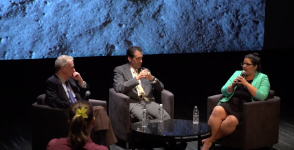 Margaret Huettl answering questions at the Why Go to the Moon_ event, held at the Adler Planetarium on July 19, 2019