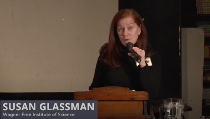 Susan Glassman introducing the speakers at the Rewriting the Story of Girls' Education in STEM event, held at the Wagner Free Institute of Science on March 7, 2019